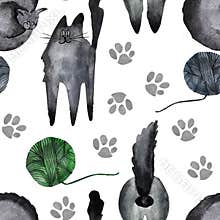 Black cat and ball of thread watercolor seamless pattern