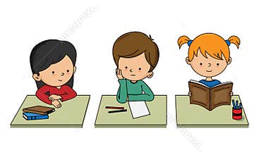 Group of children in class studying.