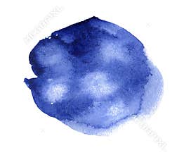 Blue watercolor hand drawn stain on white paper grain texture. Abstract water color artistic brush paint splash background