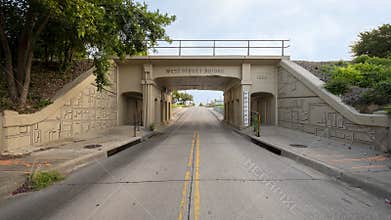 Historic West Street Bridge underpass in downtown Arlington, Texas.