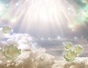 Divine rays of angelic Light with romantic clouds and white roses