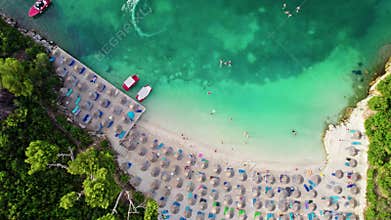 Aerial view of azure beach in Ksamil, Albania