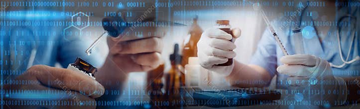 Healthcare business and Medical examination, Doctor with stethoscope and white icon medical with analyzing data and growth chart