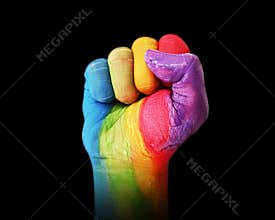 Hand fist painted with multiple colors with water colors, diversity concept backdrop. Modern diverse background
