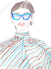 Woman in fancy glasses. Hand-drawn artistic portrait in a blue and red striped shirt with accessories fashion illustration.