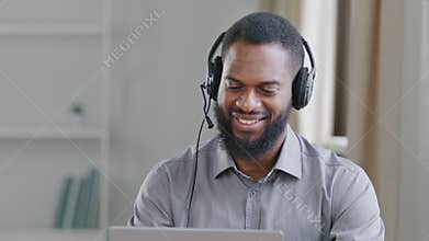 African man webinar speaker streaming live web training. Call center agent, service support manager speaking to distance