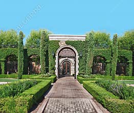 Brick stone garden path and Topiary