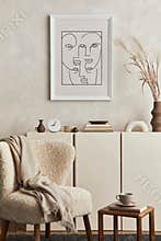 Creative composition of cozy living room interior design with mock up poster frame, fluffy armchair, coffee table, commode.