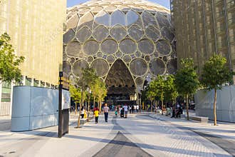Dubai, UAE - 10.15.2021 Visitors at the entrance to the EXPO 2020 Al Wasl dome. Event