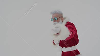 Active Santa Claus dance to fun energetic music, happy New Year, merry Christmas