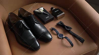 MOSCOW, RUSSIA - SEPTEMBER, 2, 2021: Men clothing, accessories of groom wedding day