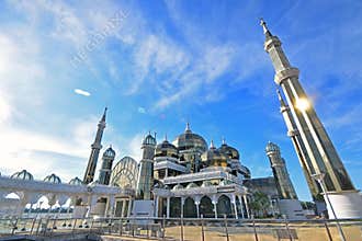 Floating Crystal Mosque or Masjid Kristal with minaret in Wan Man along Terengganu river nearby Kuala Terengganu, Malaysia