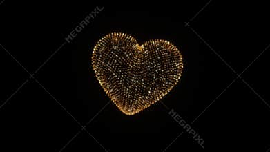 animation 3D heart of golden blinking glow on black background.