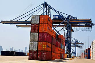 Industrial port, crane and containers