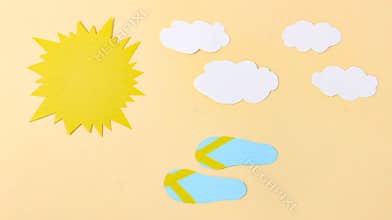 Paper sun and clouds, beach flip-flops run nearby. Summer cartoon