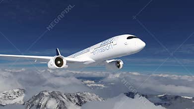 Blue Hydrogen filled H2 Aeroplane flying in the sky - future H2 energy concept