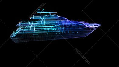 Digital low poly wireframe of futuristic Luxury yacht. Line formation of 3d yacht. Aerial view of luxury super yacht