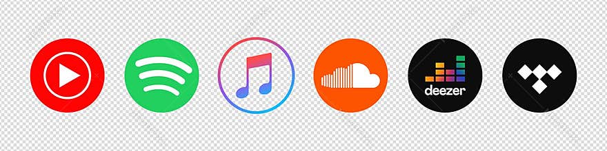 Apple Music, Spotify, YouTube Music, SoundCloud, Deezer, Tidal - a set of logos for popular music streaming services. Vector logos