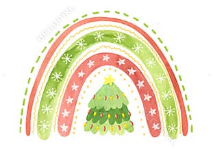 Holiday rainbow with snowflakes, stars and Christmas tree