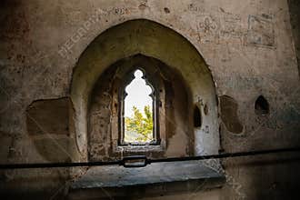Litice nad Orlici, Eastern Bohemia, Czech Republic, 11 September 2021: castle interior with stone walls and arched windows,