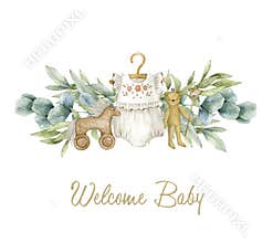 Watercolor illustration card welcome baby with eucalyptus baby romper toys