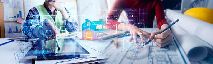 Team of architects or engineering consulting and analyzing working on objects tools and construction drawings inspection,