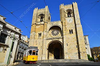Se Cathedral and Yellow Tram, Lisbon in Portugal