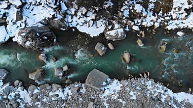 Aerial view Beautiful top view of a mountain river in winter. The drone flew over a peaceful river. Turquoise water pure