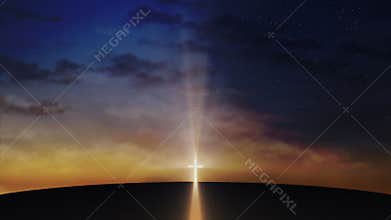 Bright cross on the hill with clouds moving on the starry sky