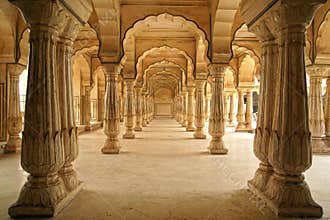 Columned hall of Amber fort. Jaipur, India