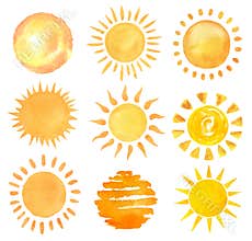 Set of sun isolated on white made in watercolor hand drawn style