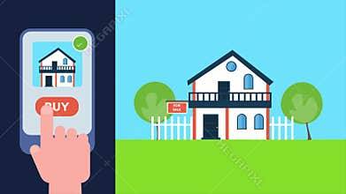 Online house booking, property sales, real state concept. 2d animation.