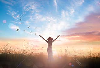 Woman Silhouette With Raised Arms Celebrating Freedom At Sunrise Meadow