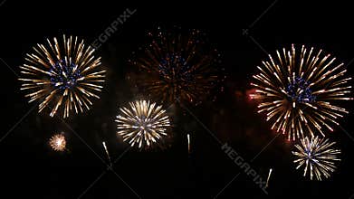 4K long shot 42s. real shining fireworks for celebration background. large golden glowing firework during new year`s eve countdown