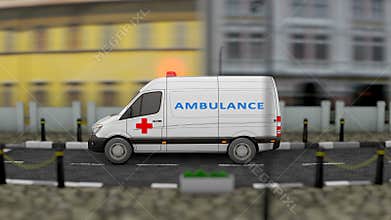 Ambulance van service vehicle, urban road.