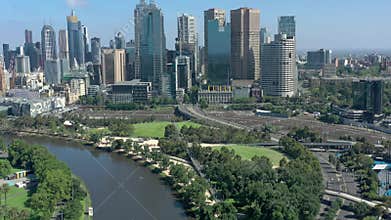 Melbourne City Australia and Yarra River Aerial Reveal