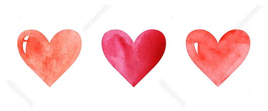 Watercolor image with three hearts of different shades of red color. Even row of colorful hearts isolated on white background.