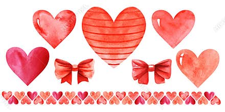 Watercolor set of colorful decorative elements for St. Valentine`s day. Red hearts of different shades and sizes, cute bows and