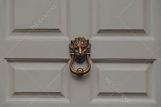 Lions head door knocker on a door of a typical British house, UK