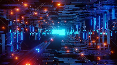 Glowing electric pipes with neon lights in a futuristic science fiction tunnel corridor with blue light at the end - a