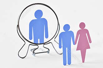 Couple looking in the mirror with man that sees only himself - Concept of egoism and narcissist