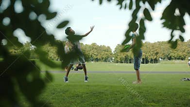 Two baby boys playing in the park, multinationality, Asian, Caucasian, tennis ball, summer sunny