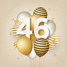 Happy 46th birthday with gold balloons greeting card background.