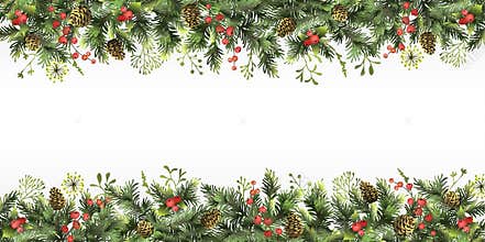 Christmas, New Year border with branches of Christmas tree, holly berries, cones and space for text. Christmas background