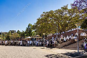 Lalibela, Ethiopia - Feb 13, 2020: Ethiopian people at the Bet Maryam Church, St. Mary Church in Lalibela, Ethiopia