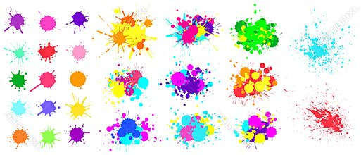 Color paint splatter. Spray paint blot element. Colorful ink stains mess. Watercolor spots in raw, splashes