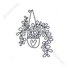 Hanging potted house plant drawn by hand of black outline.