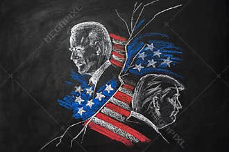 Illustration of Donald Trump and Joe Biden with American flag pieces as background. Concept of candidates for US presidential