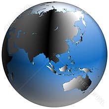 World Globe:Asia, with blue-shaded oceans