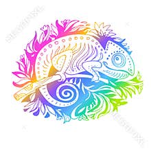 Stylized Rainbow Colors Doodle Chameleon Hand Drawn Isolated on White.
